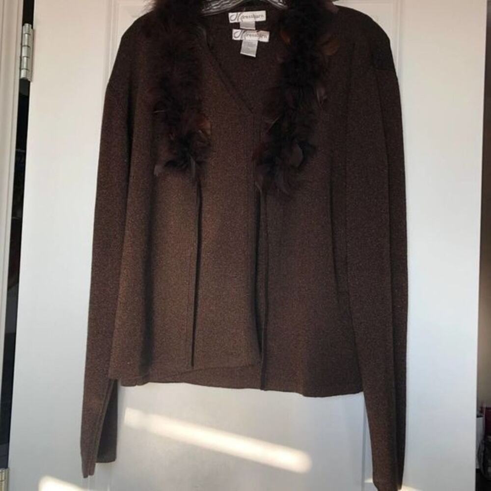DRESS BARN Vtg Cardigan Set Women Large L Brown Metallic Sweater Knit‎ Mob Wife